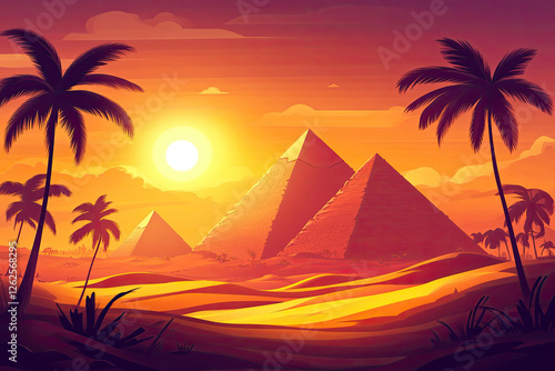 Stunning Sunset View of the Giza Pyramids and Palm Trees in the Sahara Desert