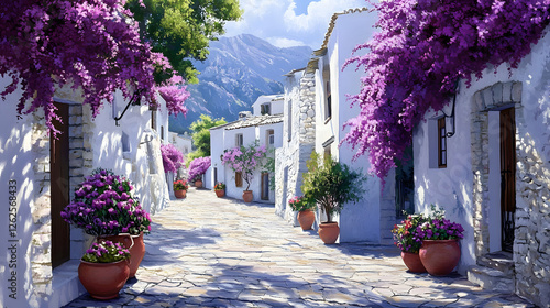 Fototapeta Naklejka Na Ścianę i Meble -  Stunning streets of the Mediterranean, with white buildings and purple bougainvillea
