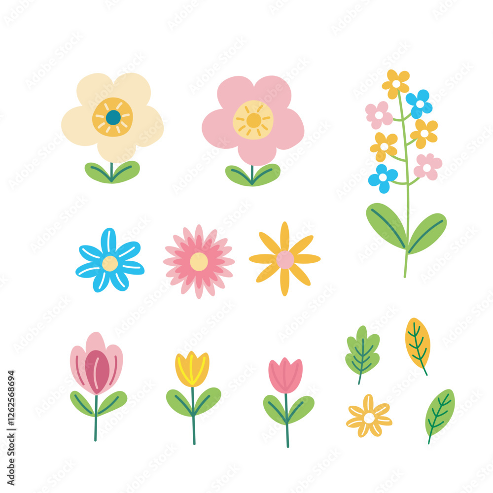 Flowers set, cute spring flowers collection vector illustration