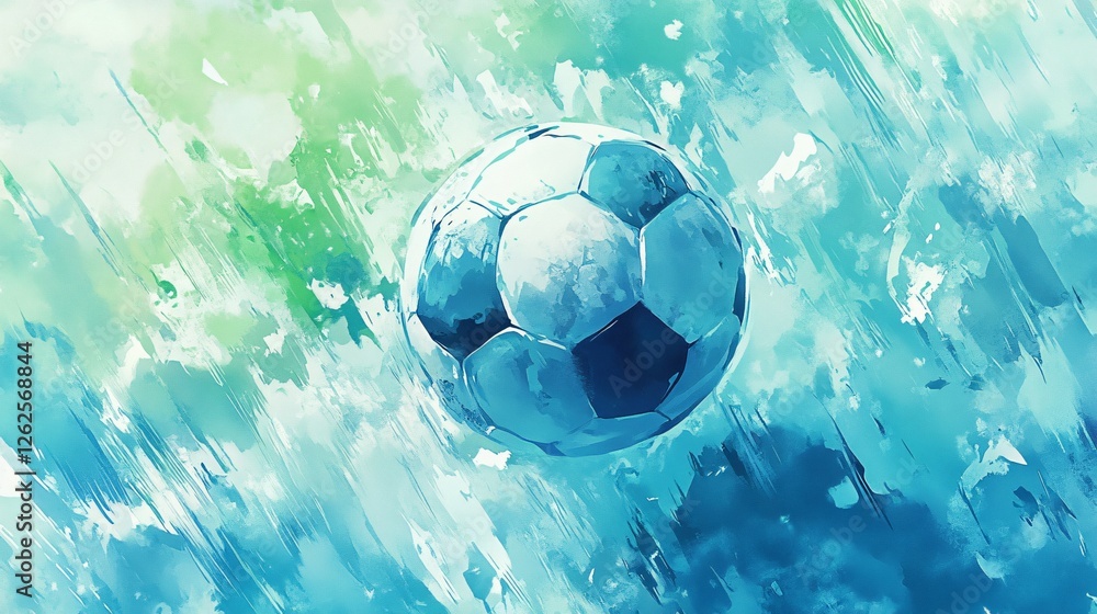 Naklejka premium Vibrant Watercolor Depiction of a Soccer Ball in Azure Hues for Sports, Football, and Game Design Concepts