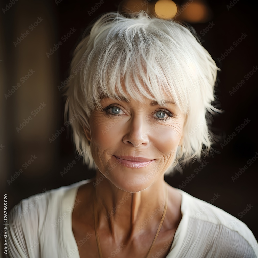 Smiling senior woman with short white hair