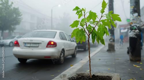 small green tree grows beside foggy urban street with parked cars