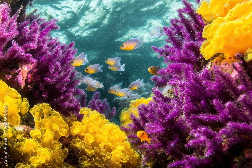 Naklejka premium Coral reef close-up: purple, yellow coral, tiny fish, sharp focus
