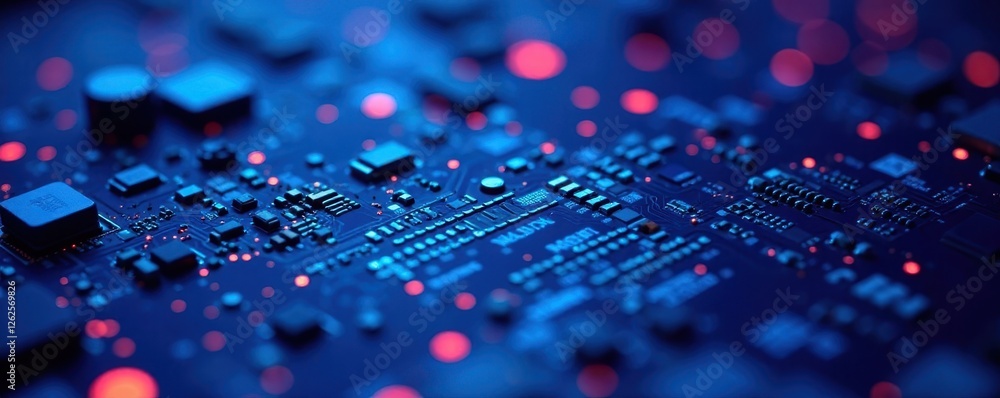 Fototapeta premium Close-up of intricate circuit board lines on vibrant blue background , wiring, copper, vector