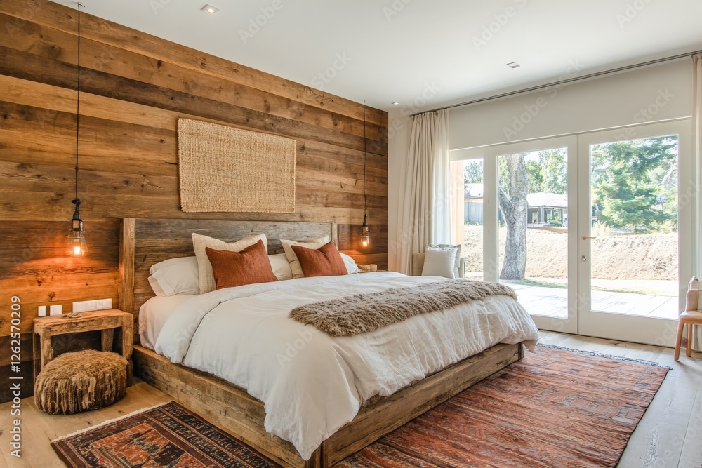 Fototapeta premium Cozy modern bedroom with wooden decor and large windows in a serene setting