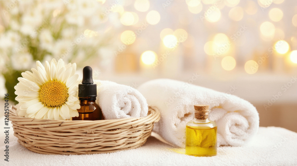 spa treatment setup featuring basket with essential oils, flower, and rolled towels, creating serene and relaxing atmosphere spa treatment setup featuring basket with essential oils, flower, and rolled towels, creating serene and relaxing atmosphere