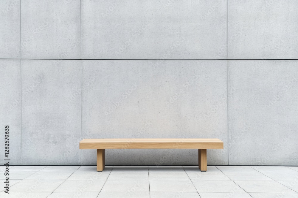 Modern Wooden Bench Against Concrete Wall, Minimalist Architecture Modern Wooden Bench Against Concrete Wall, Minimalist Architecture