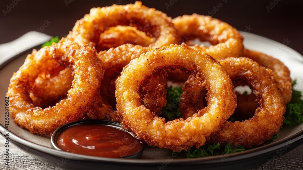 Crispy onion rings on plate with ketchup, restaurant food Crispy onion rings on plate with ketchup, restaurant food