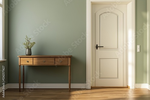 Bright entryway featuring solid sage green walls, wooden console table, and natural light illuminating the spacious area