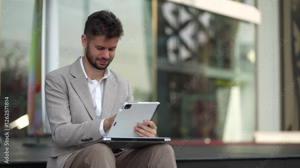 Confident young businessman using a tablet and laptop while sitting on a bench in the city. Modern professional, remote work, digital communication. Confident young businessman using a tablet and laptop while sitting on a bench in the city. Modern professional, remote work, digital communication.