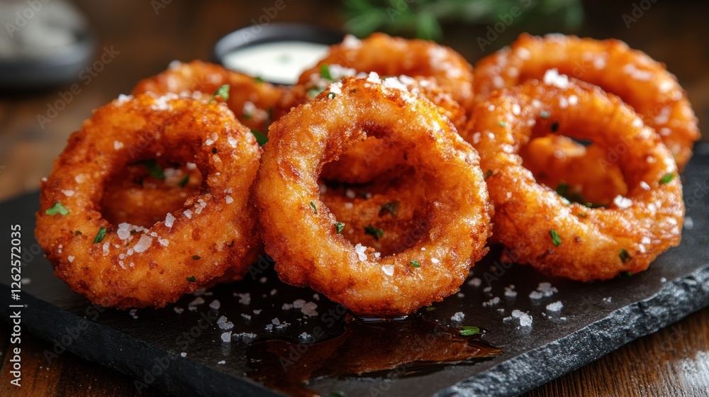 Crispy onion rings on slate plate with dipping sauce, restaurant setting Crispy onion rings on slate plate with dipping sauce, restaurant setting