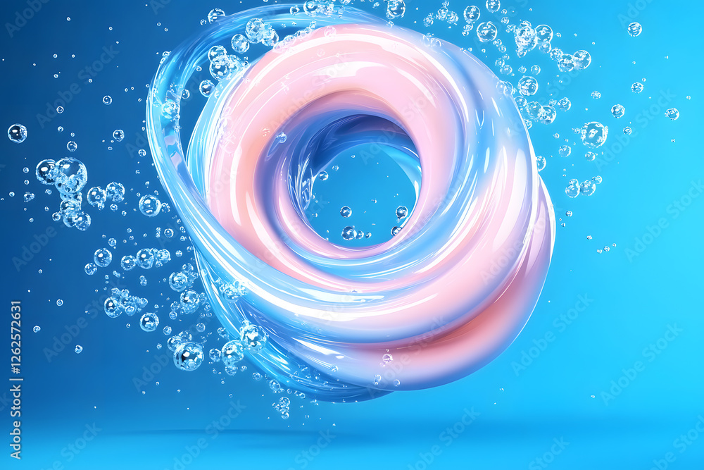 Fototapeta premium 3d illustration of foam bubbles swirling in water on blue background. Spin whirlwind with shampoo blobs. Laundry