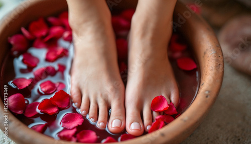 Serene spa scene with feet submerged in a bowl of water filled with rose petals.
