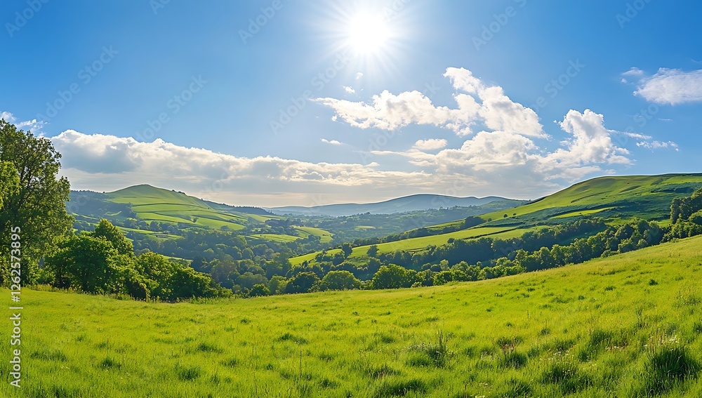 Naklejka premium Vast Green Expanse A panoramic view of a lush green landscape with rolling hills and a bright blue sky dotted with fluffy white clouds creating a sense of peace and tranquility