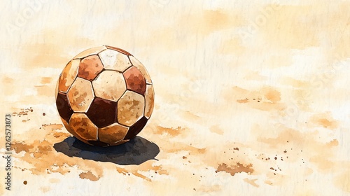 Vintage Watercolor Painting of a Soccer Ball with Worn Leather Texture