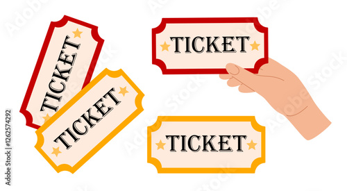 Ticket icon set. Hand of person holding tickets. Entry cards for movie premiere, film festival, theatre, show, concert, performance or other entertainments. Flat Vector illustration