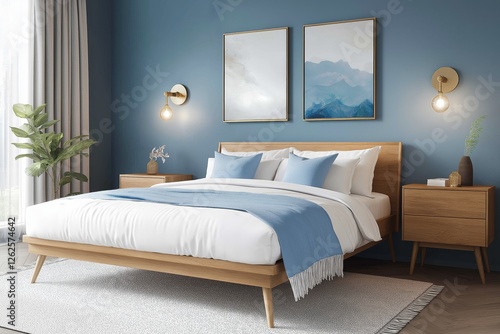 Cozy bedroom with sky blue accents and soft white bedding featuring elegant wooden furniture, minimalist decor, and a soothing atmosphere to unwind and relax