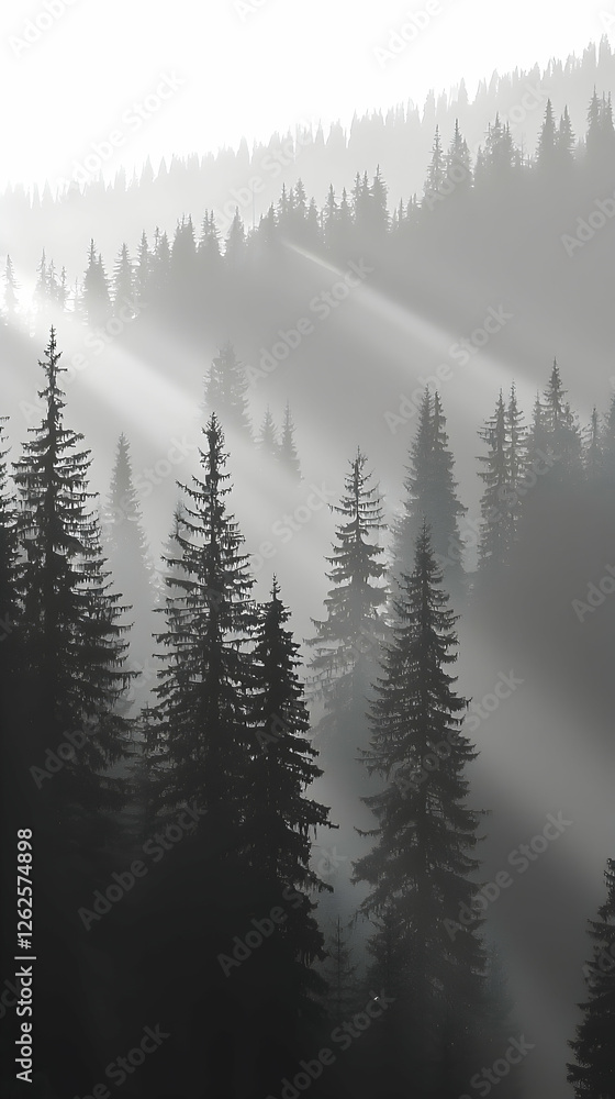 Fototapeta premium Sunbeams through misty mountain forest at dawn; serene landscape for nature, travel, or environmental themes