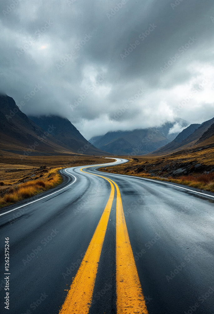 Winding road, wet surface, cloudy sky, dark mountains, and moody atmosphere. Winding road, wet surface, cloudy sky, dark mountains, and moody atmosphere.