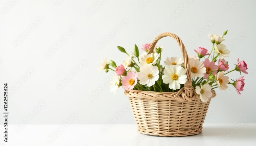 Obraz premium Cream wicker basket, delicate wildflowers, pure white backdrop , blossom, basket, rustic