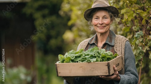 Smiling Woman Gardener with Fresh Harvest in Garden photo