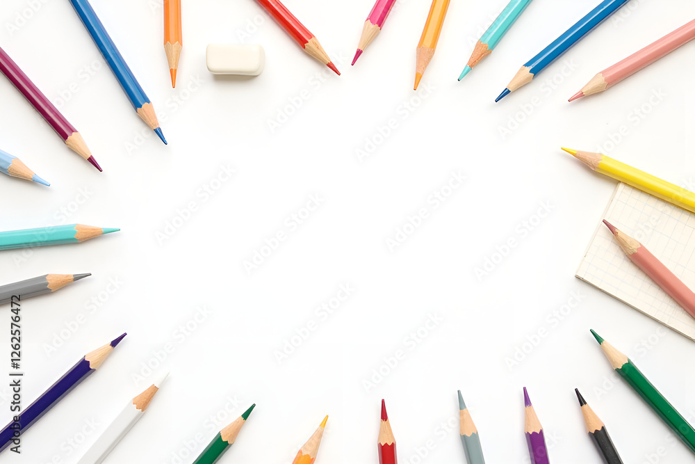 A creative flat lay of colorful pencils arranged in a star pattern on a white background, with a notebook and eraser in the corner.
A creative flat lay of colorful pencils arranged in a star pattern on a white background, with a notebook and eraser in the corner.