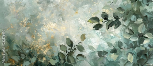 Painting background. Abstract, nostalgic, golden brushstrokes. Textured background. Oil on canvas. Modern Art. Floral leaves, green wallpaper poster banner