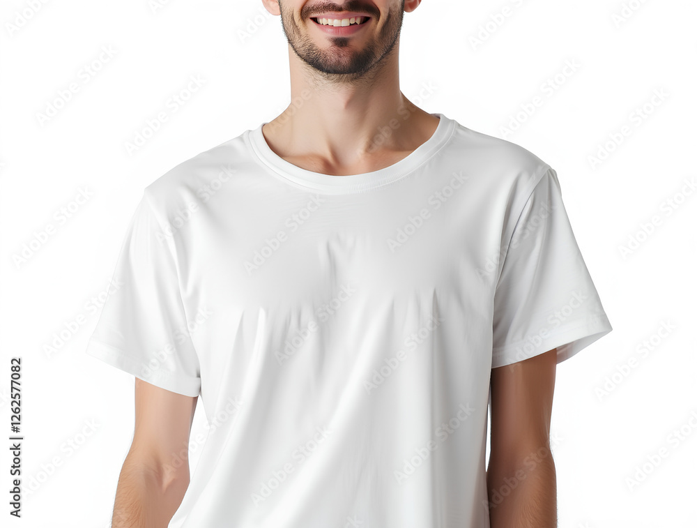 Fototapeta premium Un homme portant un t-shirt blanc, sur fond blanc.