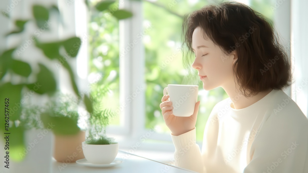 A woman sitting by a window sipping matcha tea, soft sunlight filtering through, peaceful and contemplative mood A woman sitting by a window sipping matcha tea, soft sunlight filtering through, peaceful and contemplative mood