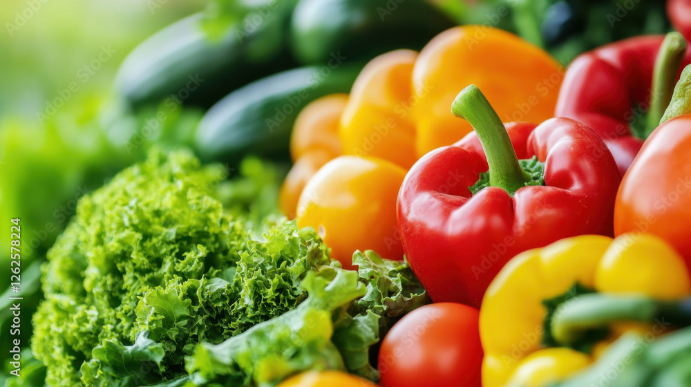 Fresh vegetables including red, yellow, and green bell peppers, cucumbers, and leafy greens create vibrant and healthy display. This colorful assortment showcases beauty of nature bounty Fresh vegetables including red, yellow, and green bell peppers, cucumbers, and leafy greens create vibrant and healthy display. This colorful assortment showcases beauty of nature bounty