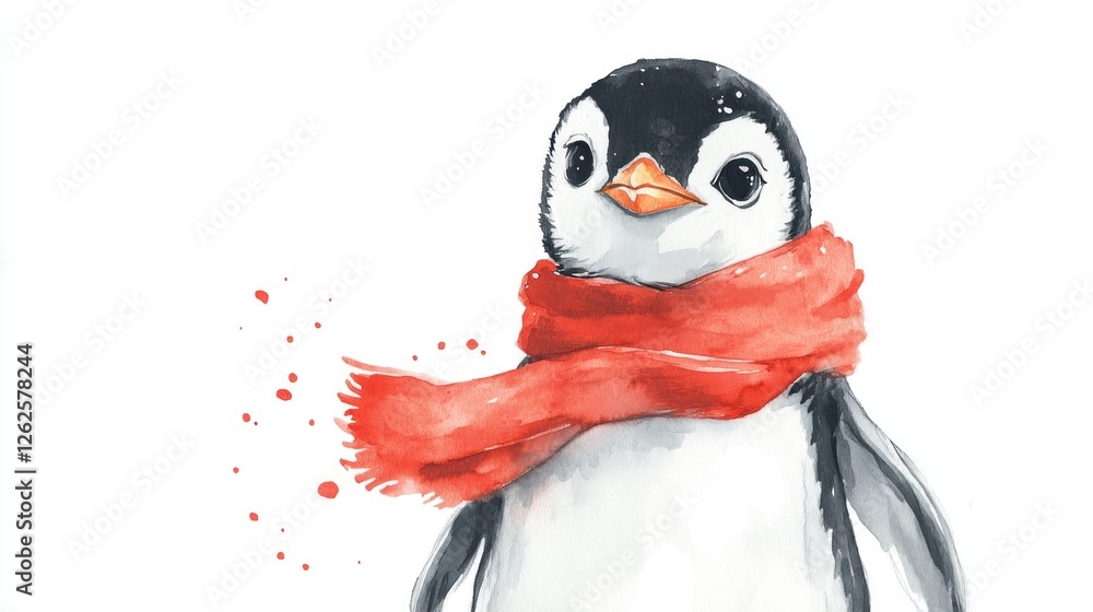 Naklejka premium Cute penguin wearing scarf, winter scene, wildlife art, greeting card