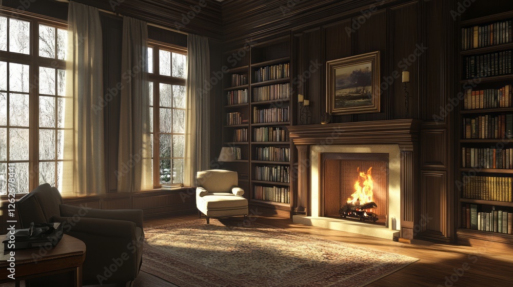 Fototapeta premium Cozy library interior with fireplace chair and bookshelves features warm light