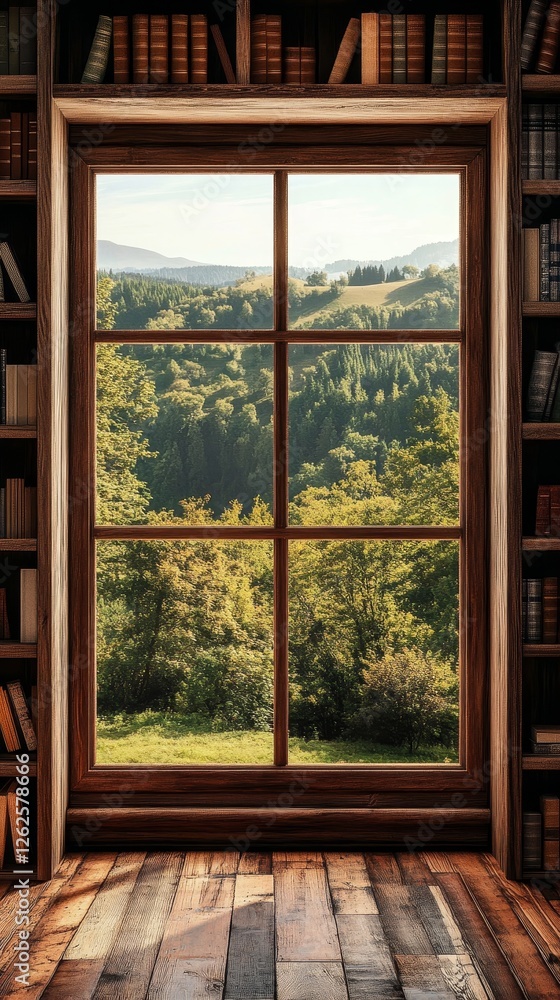 Rustic Library Window with Mountain View - Peaceful Nature Escape