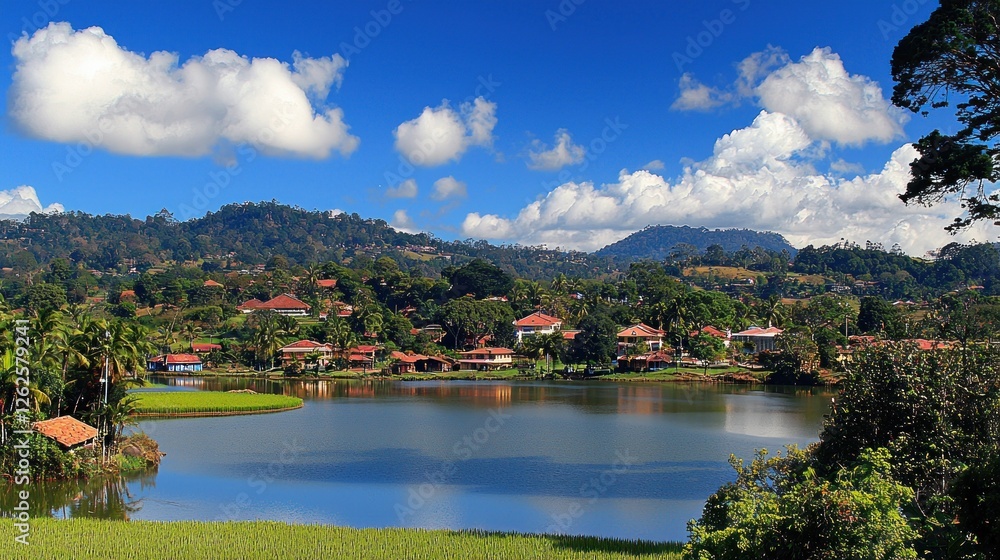 Fototapeta premium Serene village by a lake under a vibrant sky