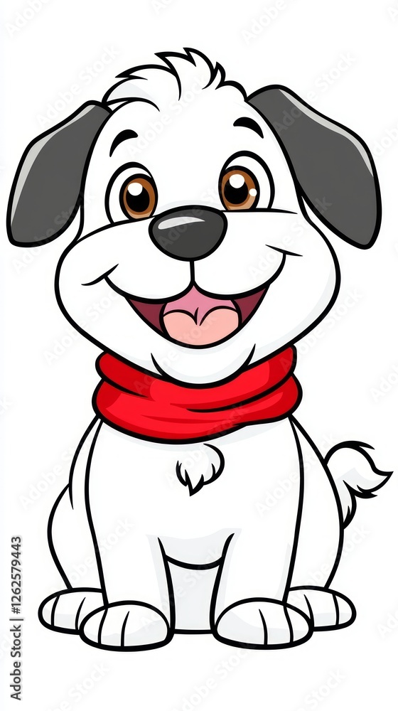 Naklejka premium A cheerful cartoon dog with a white coat and brown eyes sits happily, wearing a vibrant red scarf in a playful and colorful environment