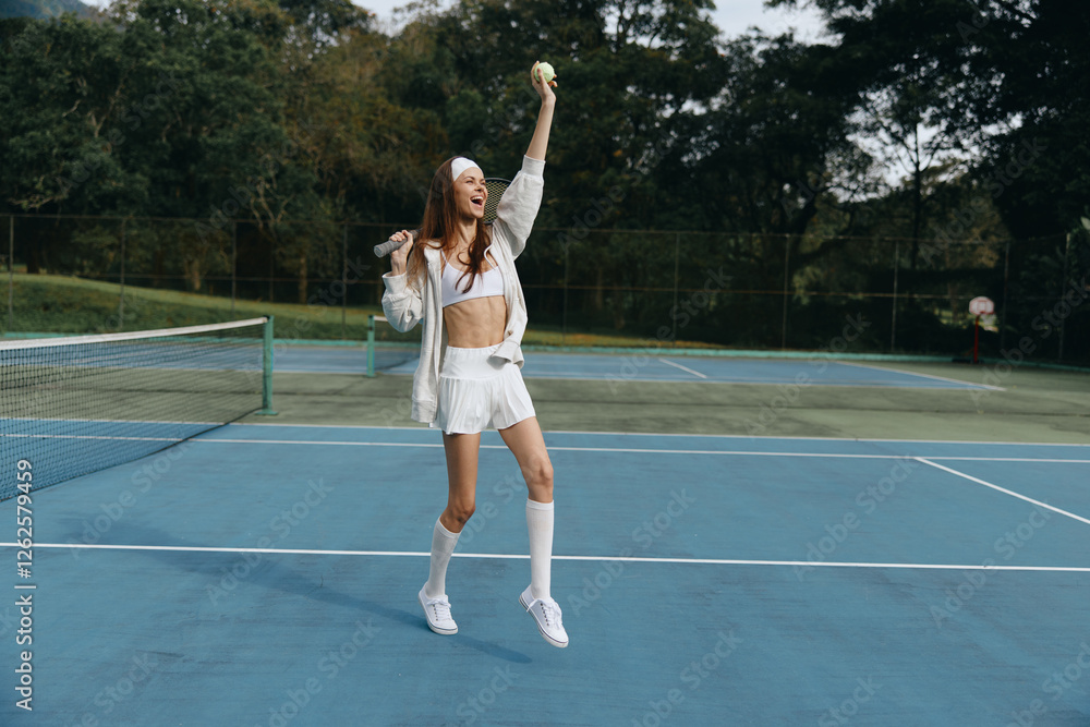 Energetic young woman with long hair celebrates while playing tennis on a sunny day, wearing sporty white athletic wear on a blue court surrounded by greenery Energetic young woman with long hair celebrates while playing tennis on a sunny day, wearing sporty white athletic wear on a blue court surrounded by greenery