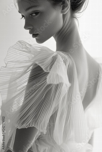 A striking monochrome shot showcasing the intricate pleats and elegance of a dress on a model's shoulder.