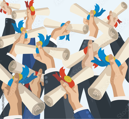 hands holding diplom in the air graduation university celebration illustration graduate cap flat vector illustration