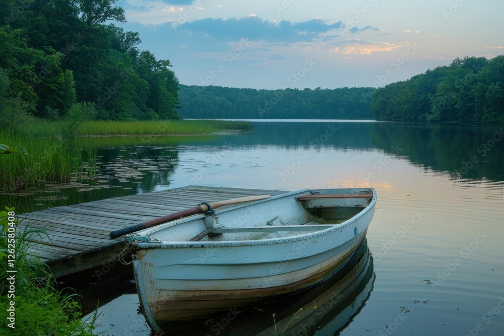 Tranquil Lake Scene with Boat on a Dock Tranquil Lake Scene with Boat on a Dock