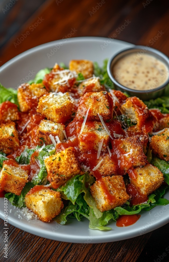 Fototapeta premium Fresh Caesar Salad with Parmesan, Croutons, and Tomato Sauce Drizzle