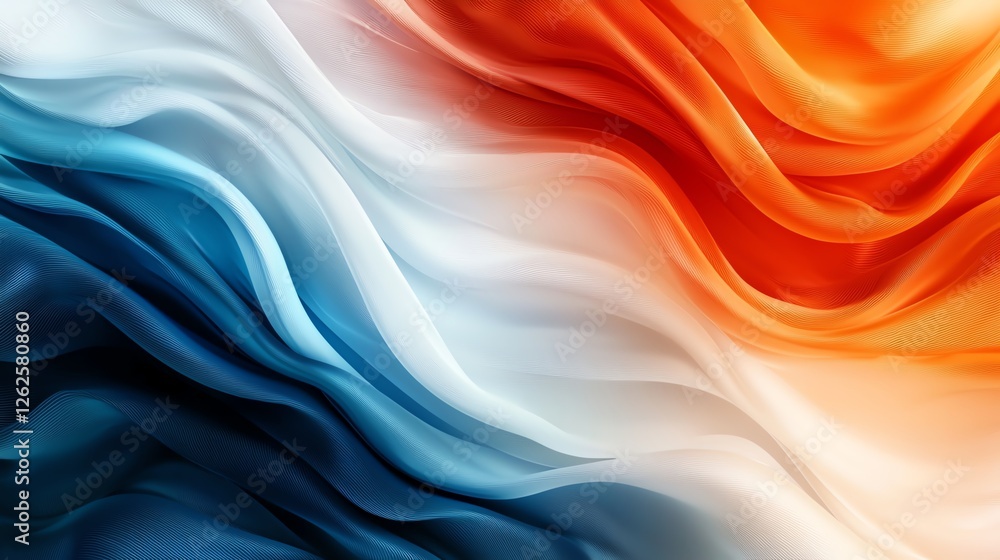 Fototapeta premium An abstract image featuring flowing fabric in vibrant shades of blue, orange, and white. The smooth gradients evoke a sense of movement and fluidity, perfect for artistic designs.