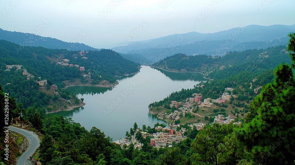 Mountain Lake View with Village and Road Mountain Lake View with Village and Road