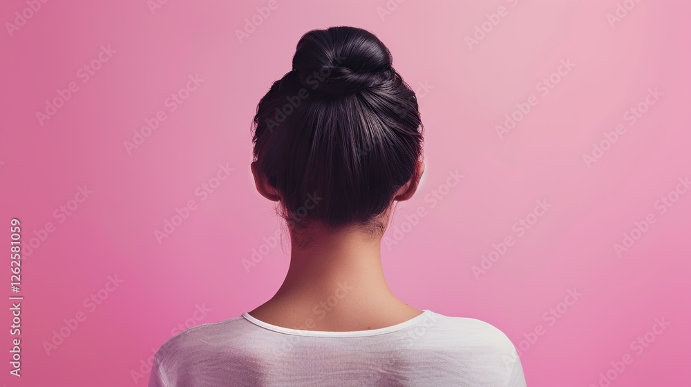 Woman with a Bun Hairstyle Against Pink Background Woman with a Bun Hairstyle Against Pink Background