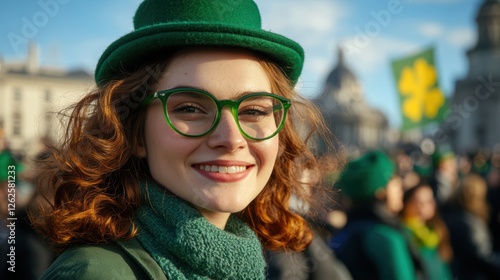 Adorable redhead woman in green top hat and costume at Irish St. Patrick's Day festival photo