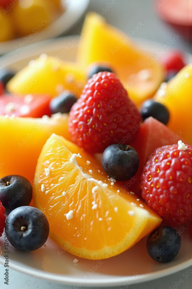 A beautifully arranged fruit salad in a white ceramic bowl, featuring strawberries, blueberries, kiwi, mango, grapes, and pomegranate seeds, garnished with fresh mint leaves for a vibrant and refreshi A beautifully arranged fruit salad in a white ceramic bowl, featuring strawberries, blueberries, kiwi, mango, grapes, and pomegranate seeds, garnished with fresh mint leaves for a vibrant and refreshi