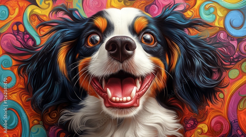 A cheerful cavalier king charles spaniel shows off its expressive face against a vibrant, swirling background full of colorful patterns, radiating joy A cheerful cavalier king charles spaniel shows off its expressive face against a vibrant, swirling background full of colorful patterns, radiating joy