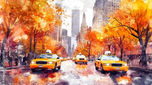 Watercolor Depiction of Autumn's Arrival in Bustling Cityscape