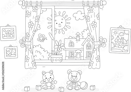 Smiling summer sun in a window with pretty curtains and funny baby toys in a nursery room decorated with pictures, black and white outlined vector illustrations for a coloring book