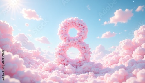 8 March formed from soft pink clouds floating in bright blue sky. Woman's Day. Romantic and dreamy atmosphere