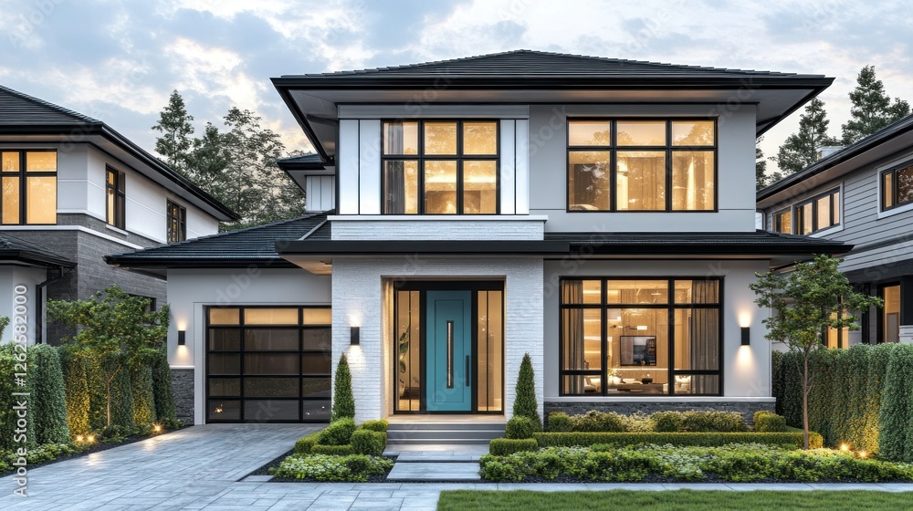Modern two-story house, suburban neighborhood, twilight Modern two-story house, suburban neighborhood, twilight